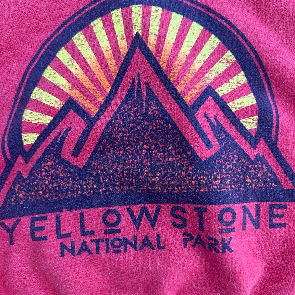 Red Retro Yellowstone Mountain Hoodie with Geometric Sunburst